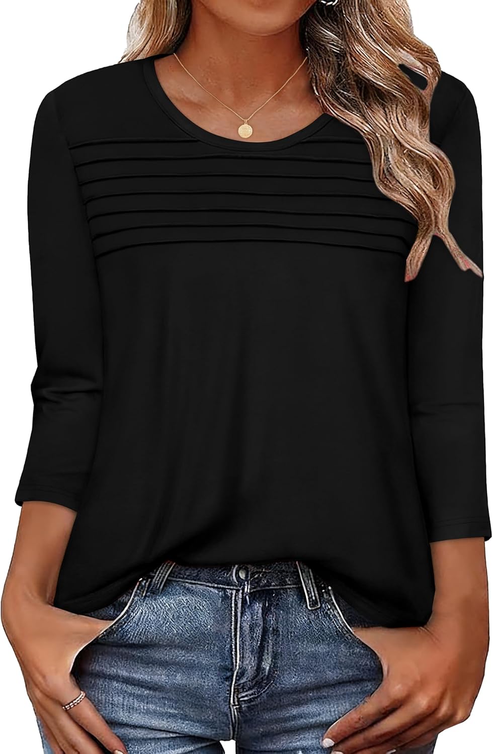 rosemia 3/4 Length Sleeve Womens Tops Crewneck Casual Tunic Dressy Pleated Front Loose Fit T Shirts