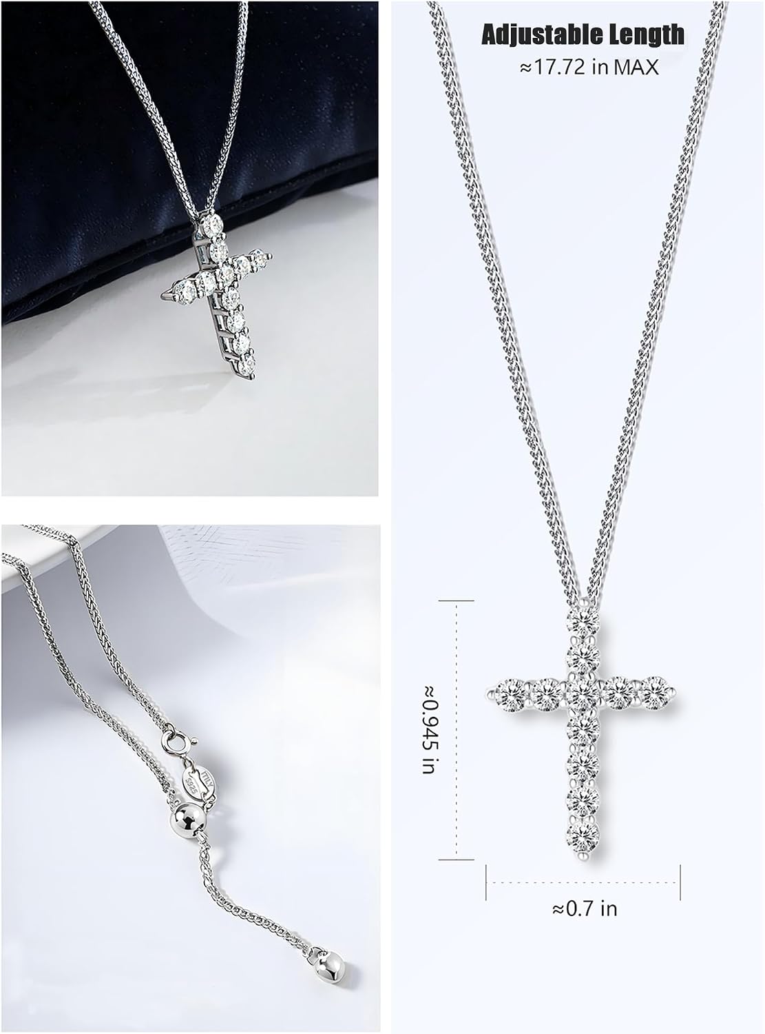 Women’s 1.1 Carat Moissanite Cross Necklace, 925 Sterling Silver with Platinum Plating, Adjustable Chopin Chain, Luxury Faith Pendant Gift
