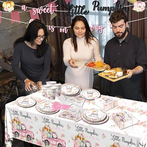 Miniatura 5 de Decoraciones de Vajilla para Fiesta de Baby Shower Little Pumpkin, 142 Piezas Una Dulce Calabacita Está en Camino Niña Rosa Floral Camión Mantel