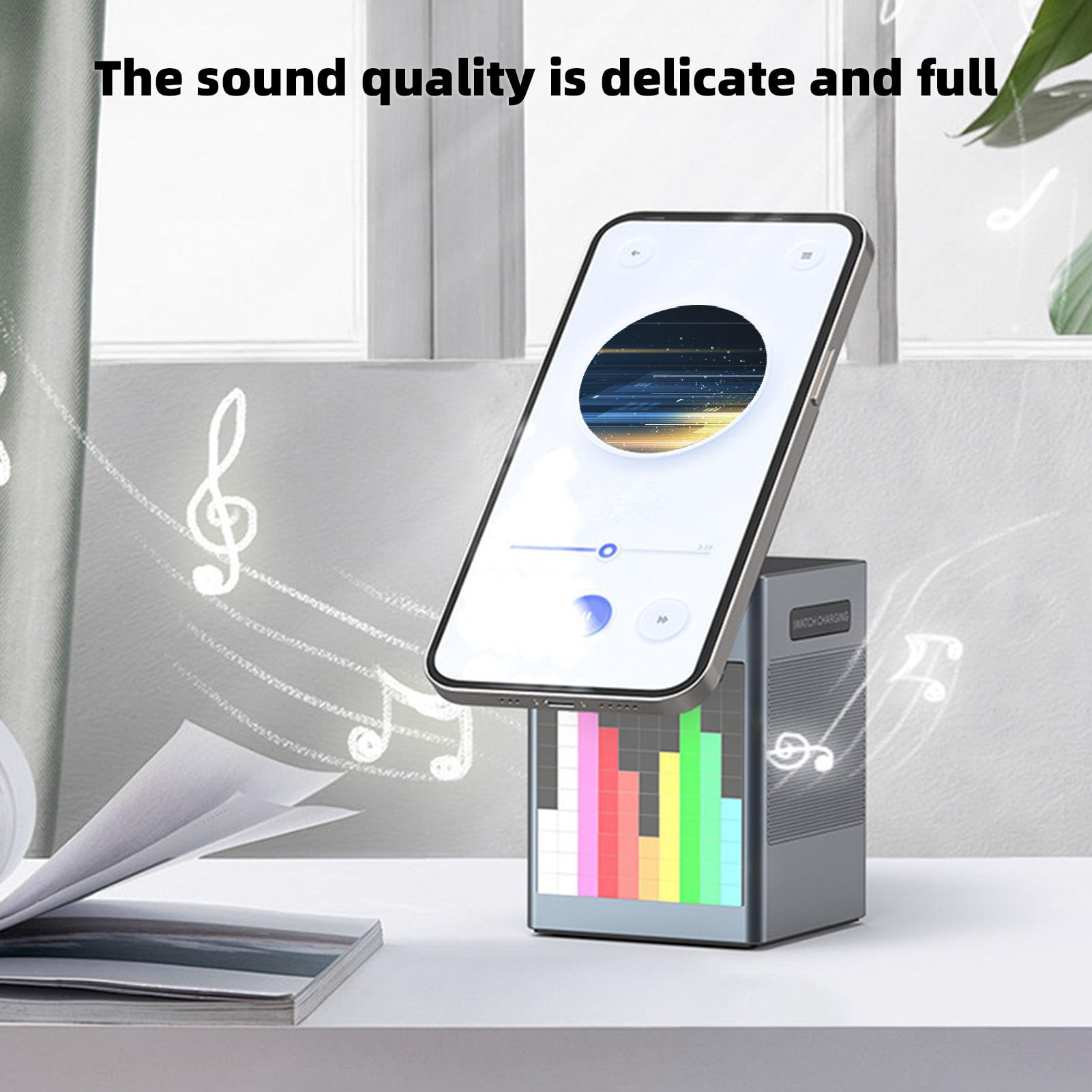 Station de Chargement sans Fil 6 en 1 pour avec Haut-Parleur Bluetooth, Affichage Pixel, Réveil, Chargeur sans Fil pour écouteurs de Montre de Téléphone, Station de Chargement