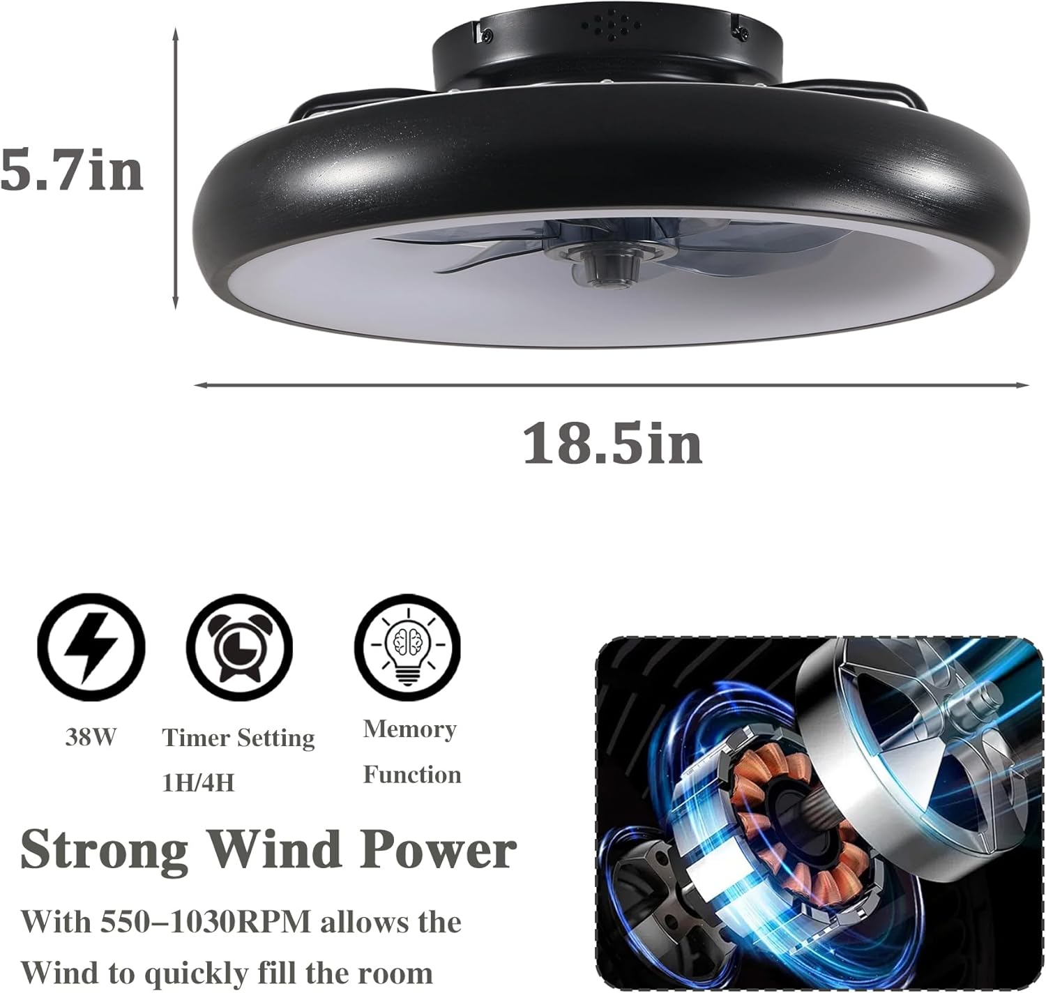 19" Pumpkin Lamp Indoor Fan Light – Remote Control, Dimmable, 7 Blades, Reversible DC Motor, with LED Light, Black