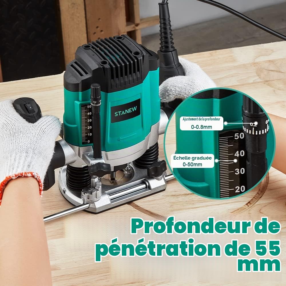 Défonceuse Verticale Electrique 1200 W 16000-30000 RPM STANEW, Profession Fresatrice Verticale avec Set de 12 fraises,6 Vitesses, Réglage de la Profondeur de Fraisage.