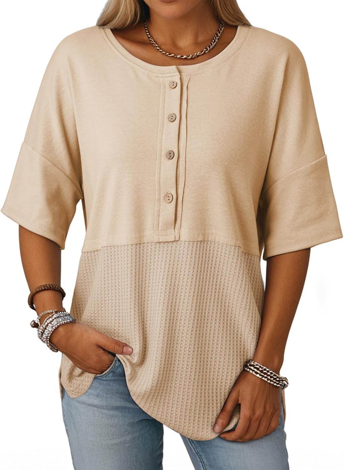 Dokotoo Womens Waffle Knit Tops 2026 Fashion 3/4 Sleeve Casual Button Down Shirts Crew Neck Oversized Patchwork Blouses - Image 5