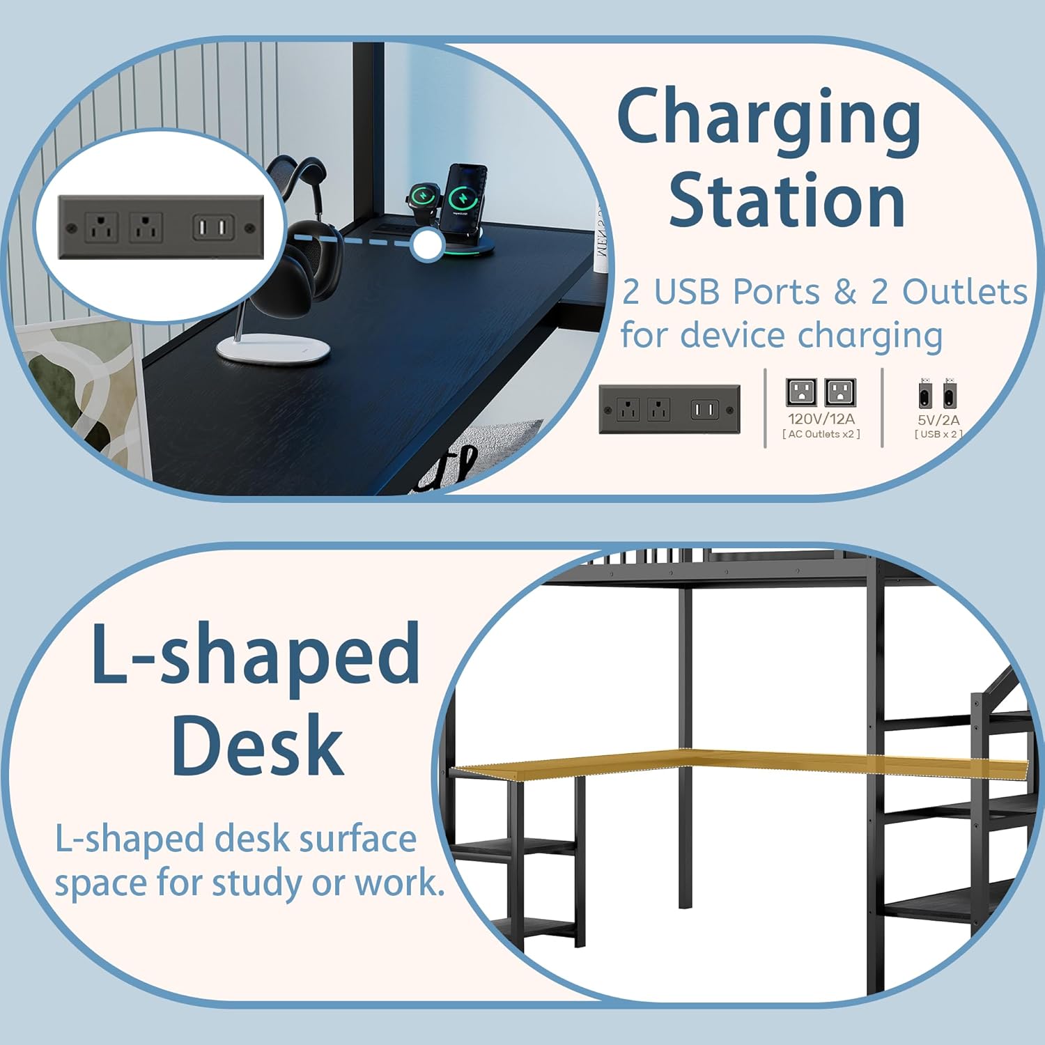 Queen Loft Bed with Desk, Stairs and Storage Shelves, Metal Gaming Loft Beds Queen Frame with Charging Station, LED Light and Wardrobe, for Adults, Teens, Kids, Black