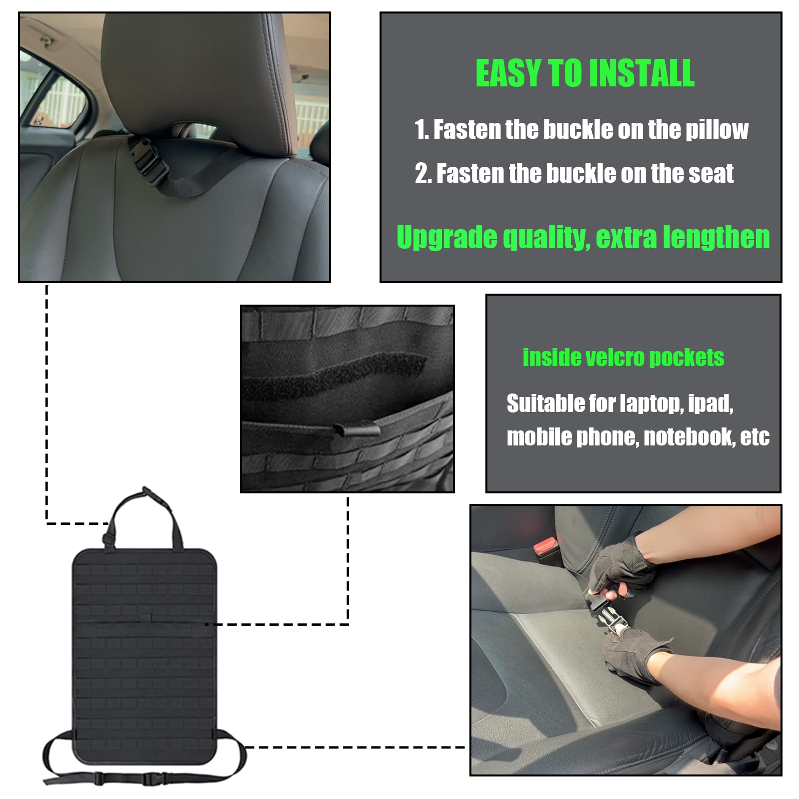Taktischer Autositz-Rücksitz-Organizer mit 5 abnehmbaren Taschen, Upgrade taktischer MOLLE-Fahrzeug-Organizer, universell passend für die meisten Autos, LKWs, Ford-Jeep-Fahrzeuge
