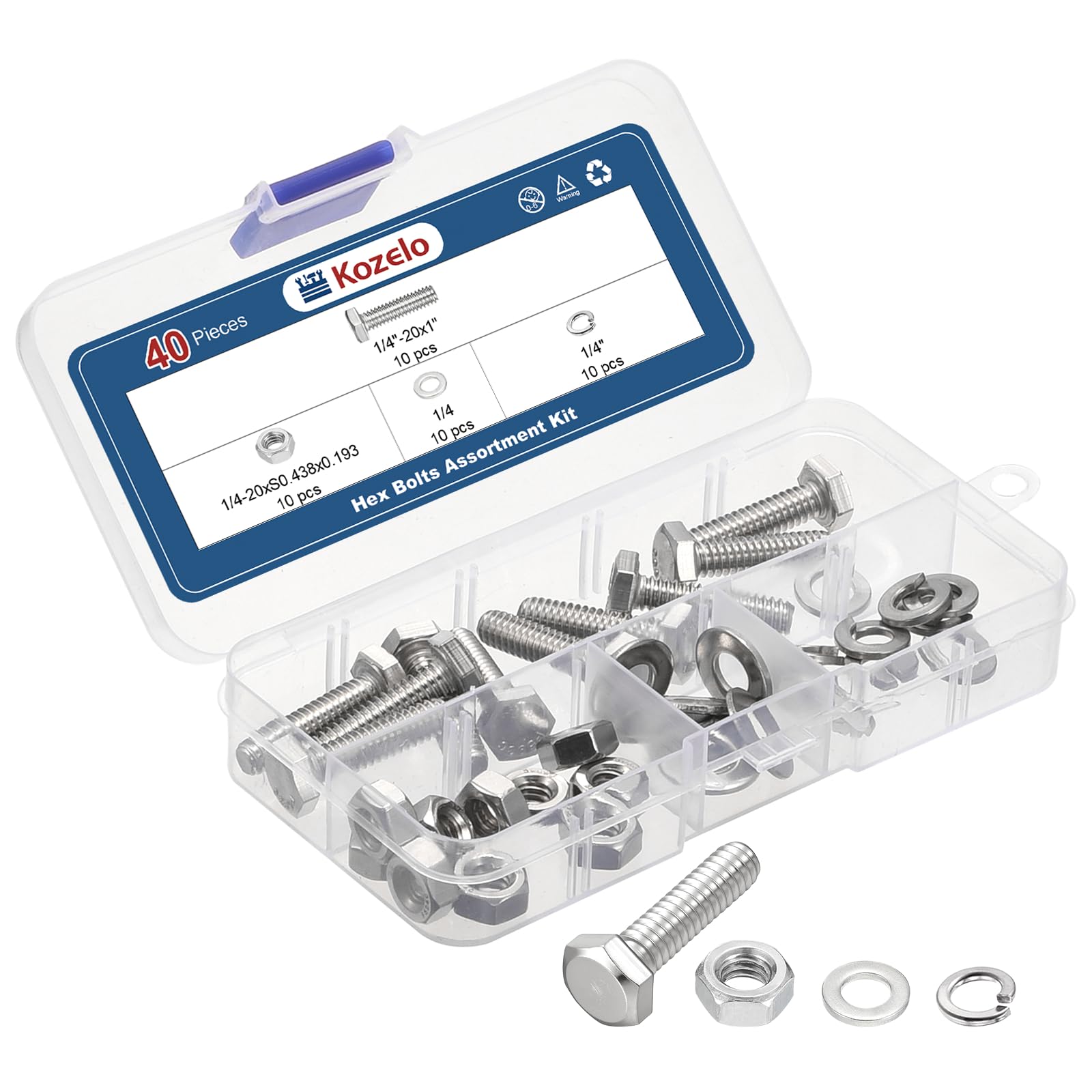 Kozelo 40 Pcs Bolts and Nuts Washers Kit - [1/4"-20x1"] 304 Stainless Steel Hex Tap Bolt Assortment Fully Threaded Hexagon Head Machine Bolt Right Hand External Hex Drive, Silver Tone