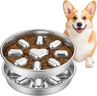 SHENLIU 2Pcs 304 Stainless Steel Slow Feeder Dog Bowl for Medium Large Dogs | 2 Cups Non-Slip Pet Bowl for Fast Eaters, Raised Design for Slow Eating & Digestive Health, Dishwasher Safe