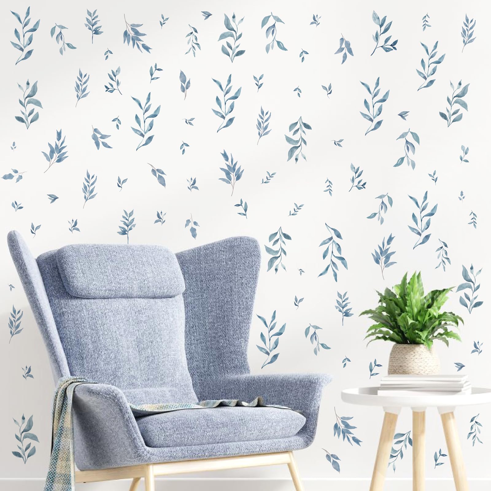 Watercolor Leaves Wall Stickers Blue Country Leaf Wall Decals Peel and Stick Small Tree Leaf Wall Stickers Removable Botanical Plant Leaves Wall