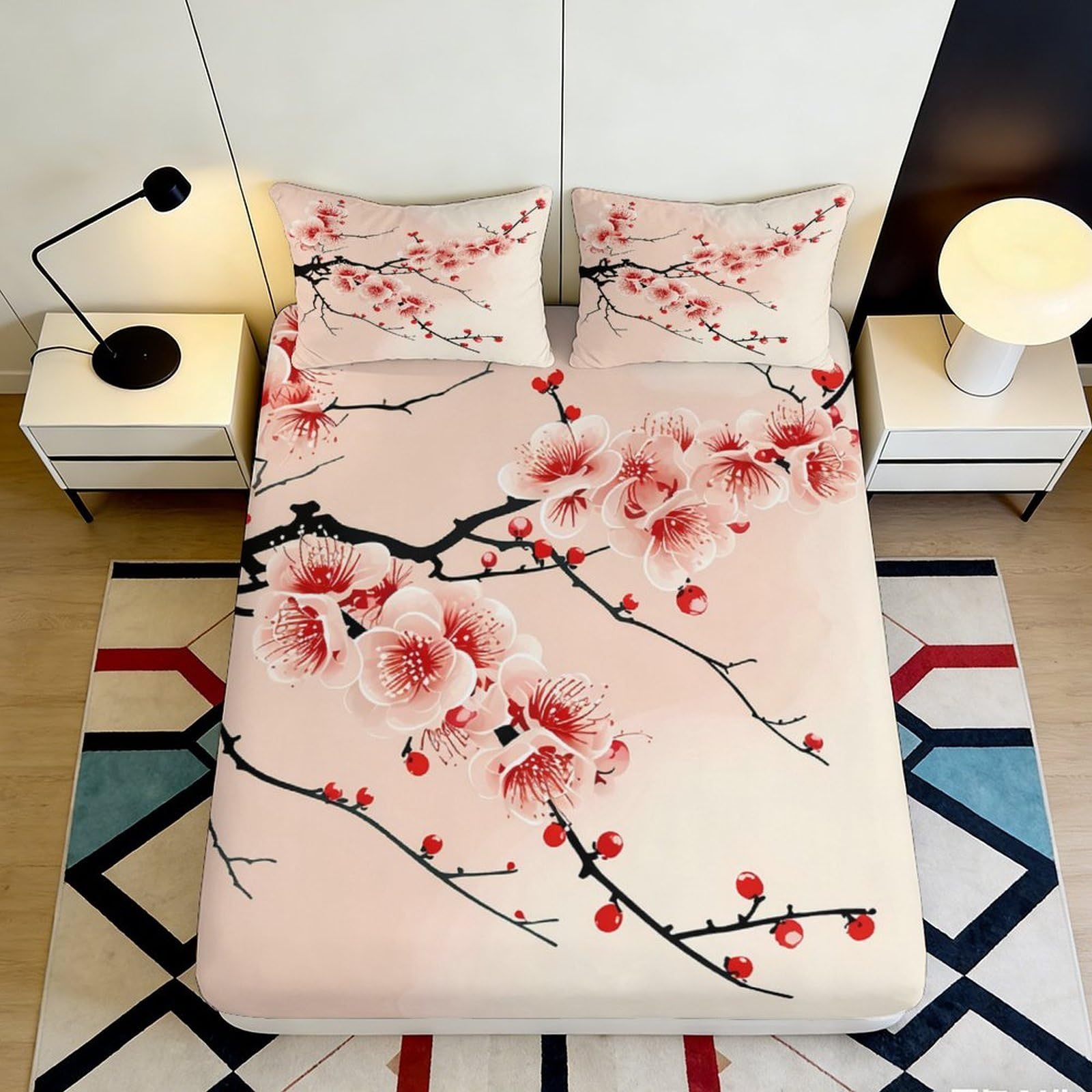 3D Printed Cherry Blossom Branch Fitted Sheet Microfiber Pink Floral Bed Cover Bedroom Dorm Mattress Decor 90x200x25cm