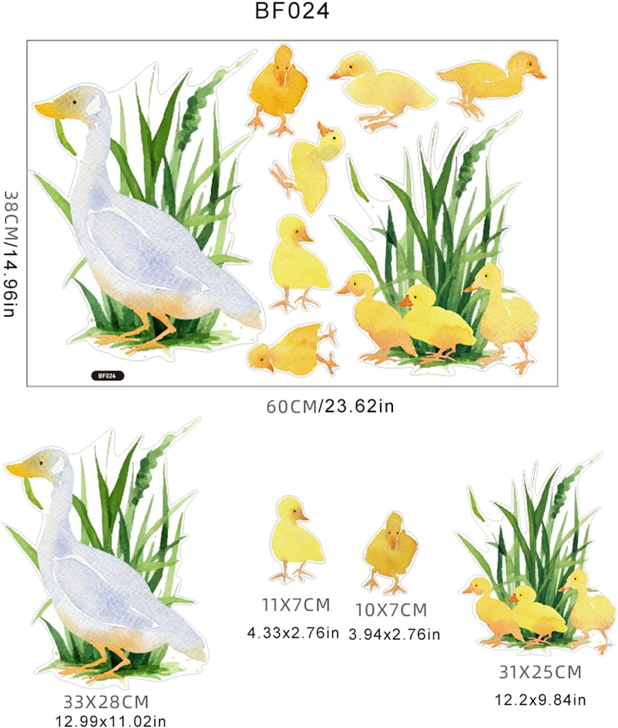 23.62x14.96in Watercolor Window Film Mother Duck and Ducklings Glass Decals,Stained Static Clings Removable DIY for Kids Bedroom Nursery Home Decor Non-Adhesive Sticker Car Sunroof