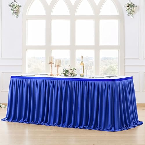 Miniatura 3 de Partisky Falda de mesa de poliéster azul real para mesas rectangulares de 9 pies, resistente a las arrugas, mantel plisado con volantes para