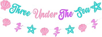 Three Under the Sea Banner and Mermaid Theme Banner | Pink Purple Teal 3rd Birthday Party Decorations Set for Girl Birthday Celebration Photo Backdrop Ocean Theme Wall Decor