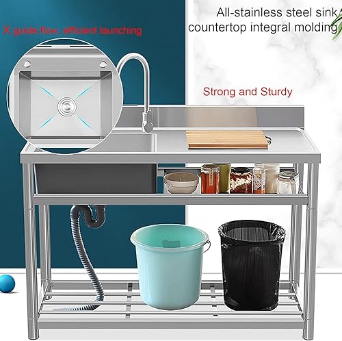 Miniatura 5 de Fregadero de restaurante comercial, fregadero de cocina utilitario, con grifo y estantes de almacenamiento dobles de acero inoxidable, fregadero de