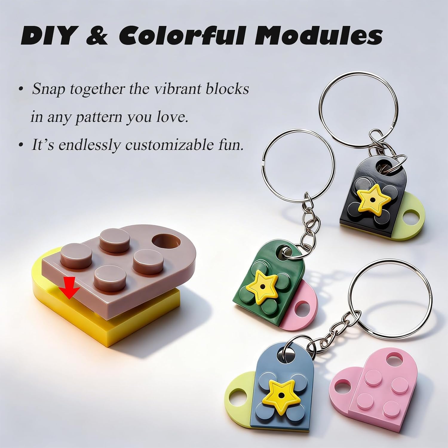 Mini Building Block Key Holder for Wall – 5 Detachable Keychains & 13 DIY Bricks – No-Drill Adhesive Mount, Customizable Key Rack for Entryway & Home Decor