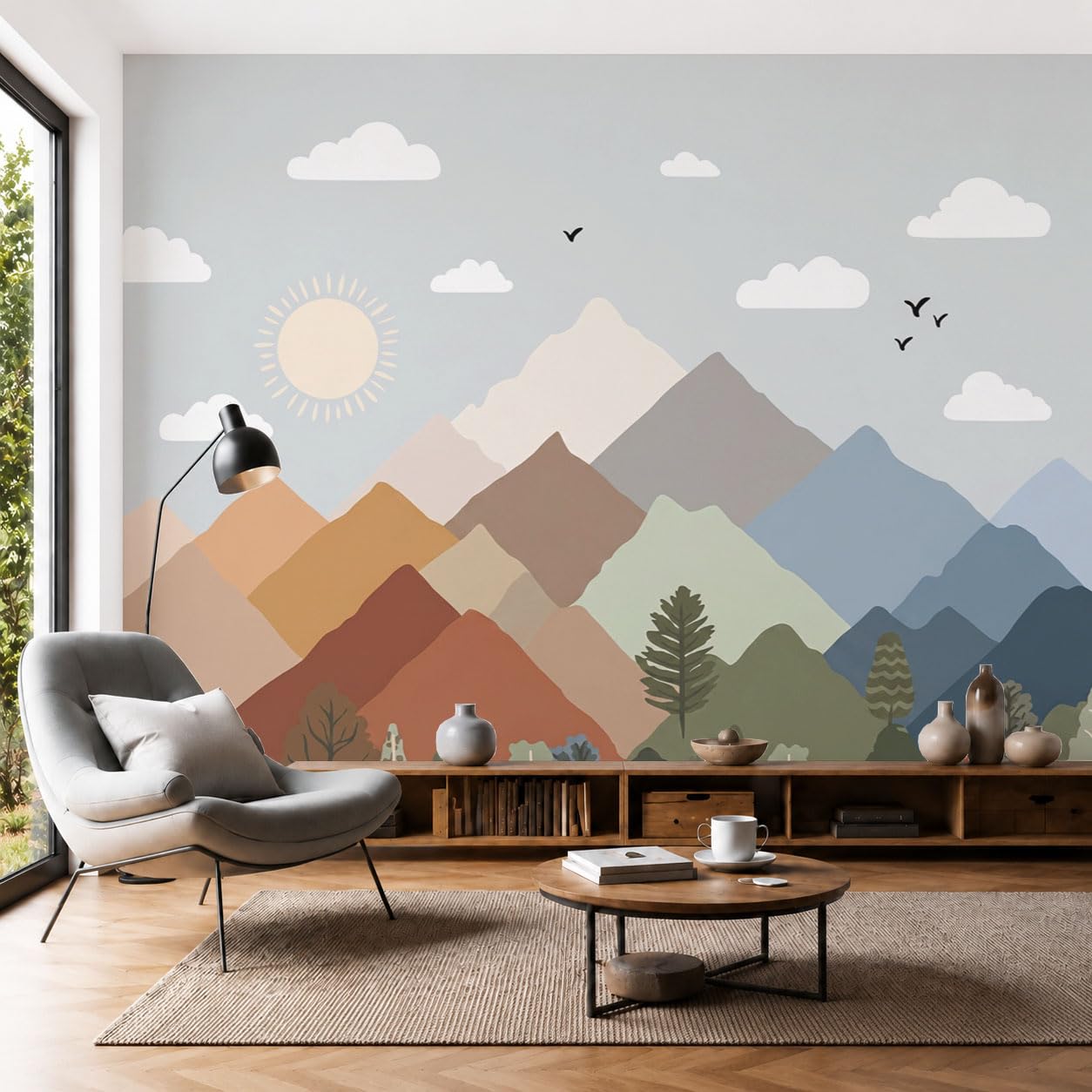 Papier peint panoramique oiseaux montagne bleu-brun 300x210 cm pour salon