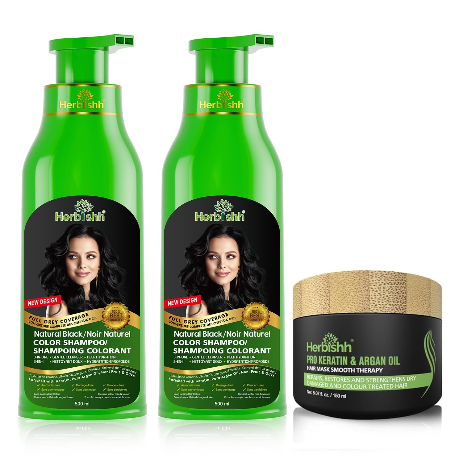 Herbishh Natural Black Hair Color Shampoo with Argan Hair Mask