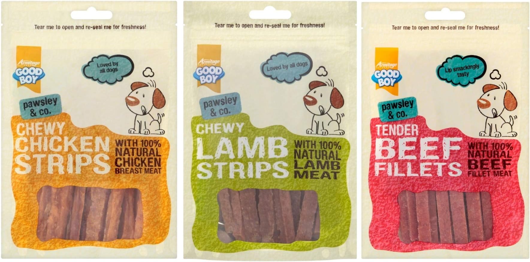 Pawsley & Co Chewy Strips MIX PACK (Lamb 80g, Chicken 100g, Beef 90g)