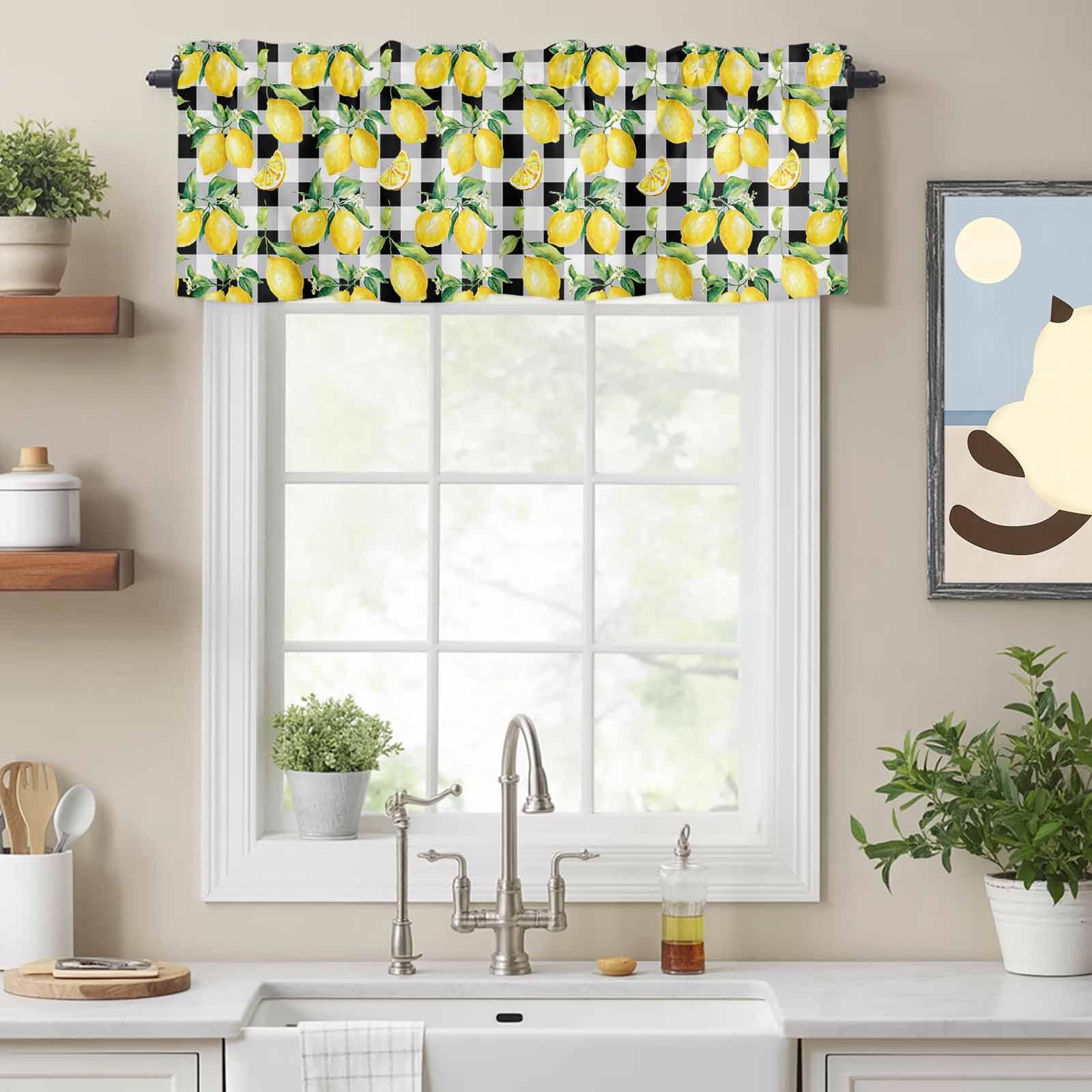 Watercolor Fresh Fruit Window Valance Rod Pocket Panel for Kitchen Bedroom Windows Yellow Lemon on Black Buffalo Check Plaid Valances Short Curtain