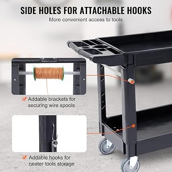 VEVOR Utility Service Cart, 2 Shelf 550LBS Heavy Duty Plastic Rolling Utility Cart, Medium Lipped Shelf, 360 Swivel Wheels, Ergonomic Storage Handle for Warehouse Garage, Black