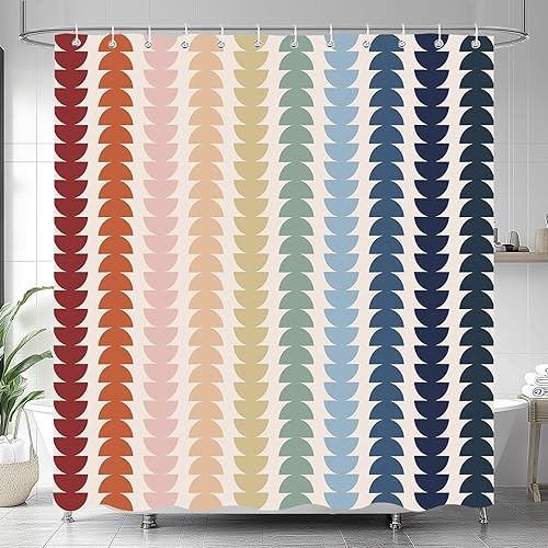 Miniatura 7 de Cortina de ducha naranja de mediados del siglo XX moderna, cortinas de baño de arte geométrico retro abstracto boho para el baño, accesorios de baño
