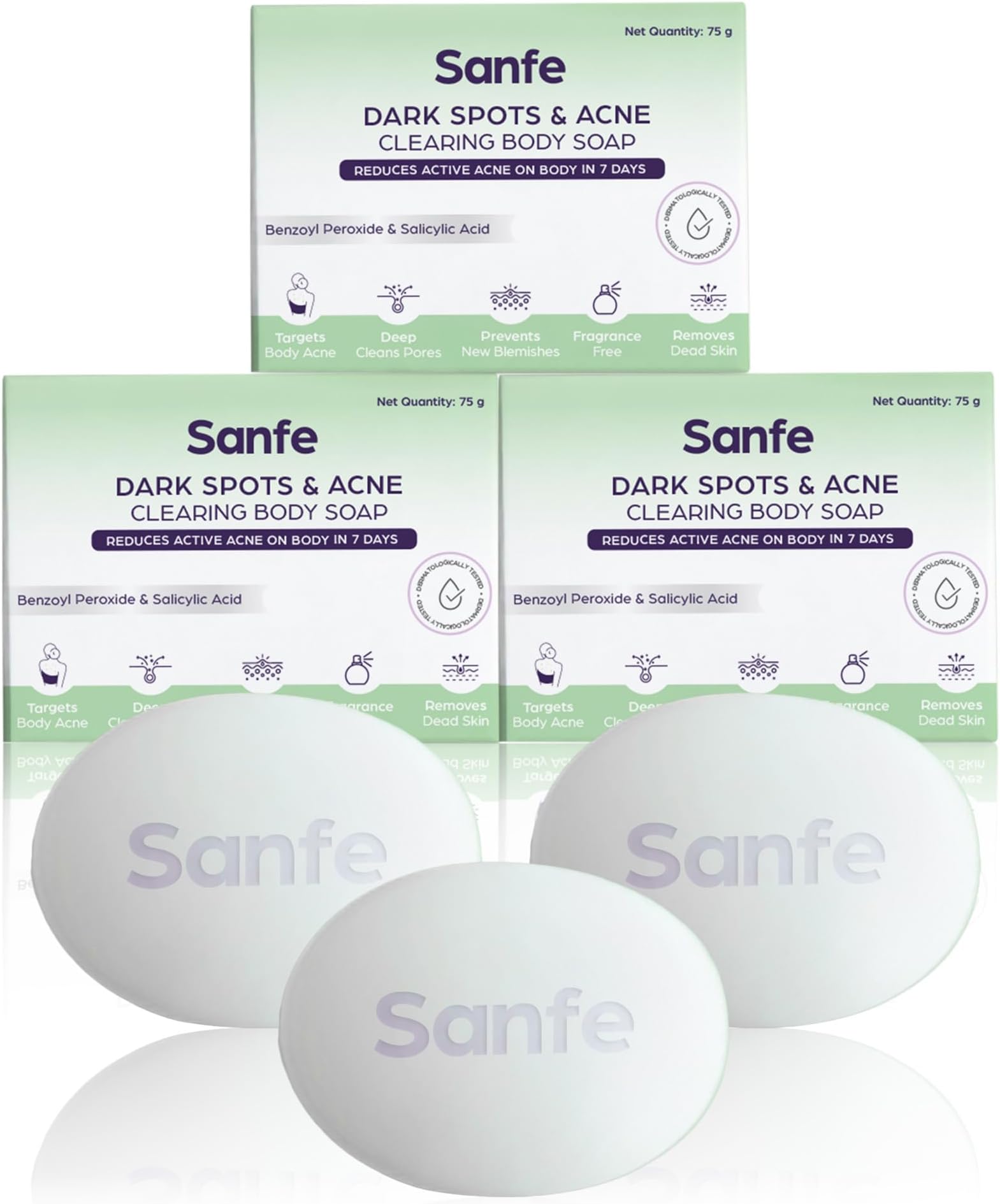 Sanfe Dark Spots & Acne Clearing Body Soap | Prevents Body Acne, Bumpy Skin & Fades Dark Spots | Salicylic Acid 2% W/W, Benzoyl Peroxide | Non Drying Formula | 75gm (Pack of 3)