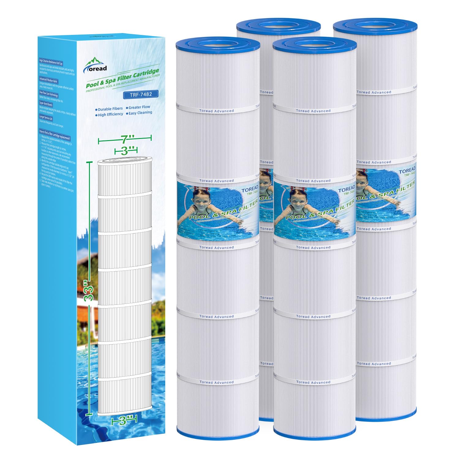 TOREAD PJAN145 Poolfilter ersetzt Jandy CL580, CV580, Unicel C-7482, Filbur FC-0820, A0104100, R0357900, Filbur FC-6415, SD-01109, 145 m² Filterkartusche, 4 Stück