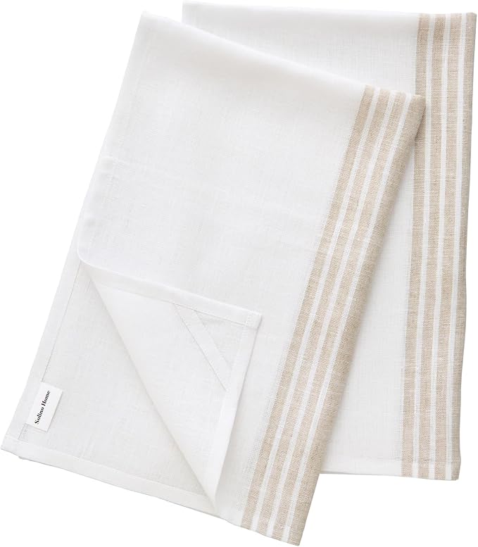 Solino Home Linen Kitchen Towels Set of 2 - Natural and White 17 x 26 Inch - 100% Pure Linen Farmhouse Stripe Kitchen/Tea Towels - Machine Washable and Handcrafted from European Flax
