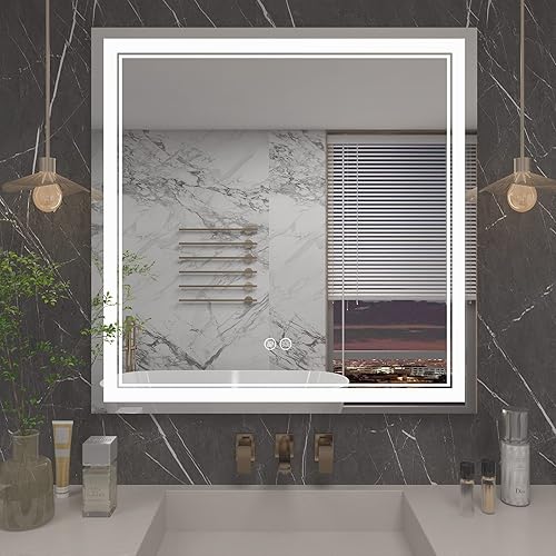 OKPAL 38 x 38 Inch Square LED Bathroom Mirror with Lights, Front Lighted Vanity Bathroom Mirror for Wall with Dimmable, Anti-Fog, Shatter-Proof, 3 Colors, ETL Listed for Horizontal/Vertical