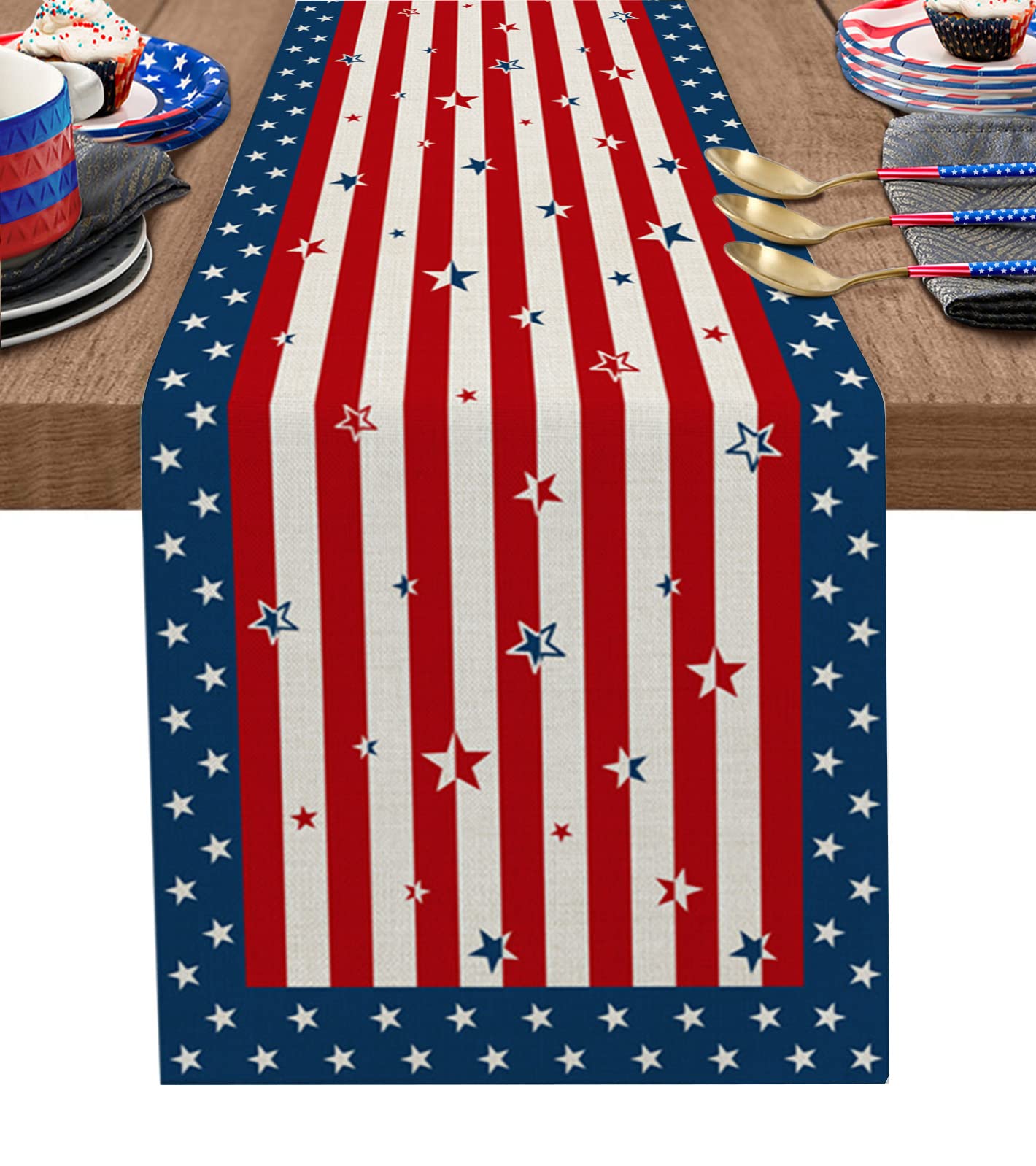 4th of July Table Runner Red White and Blue Stripes Stars Table Runners Independence Day American Flag Cotton Linen Dresser Scarf Kitchen Dining Table