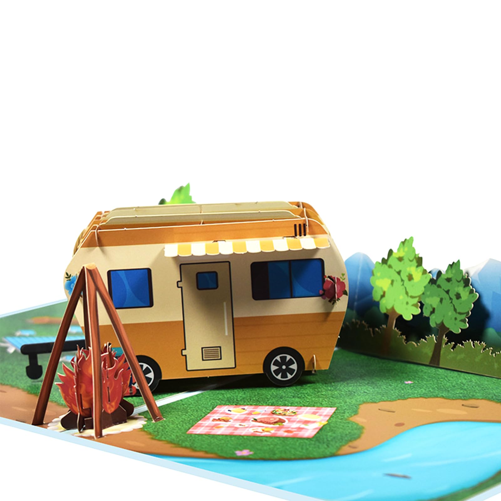 Koboko Kartka pop-up z przyczepą kempingową, kartka urodzinowa 3D, bon podróżny na kemping, prezent na kemping, zabawny prezent na kemping dla kobiet i mężczyzn