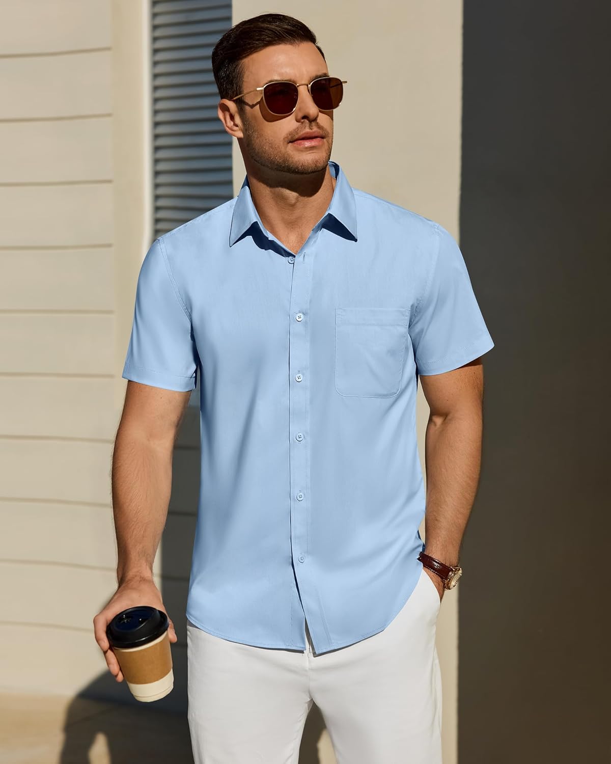 Lion Nardo Cotton Mens Dress Shirts Untucked Short Sleeve Button Down Shirts Stain Shield Dress Shirts for Men Wrinkle Free