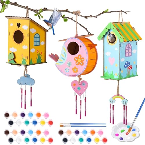 JMMICO 3 Pack Bird Houses Kits for Kids, Wooden Painting Arts and Crafts for Kids Ages 8-12, Build & Paint Your Own Bird Houses and Wind Chime Kits, Toddlers Easter Gifts for Girls Boys