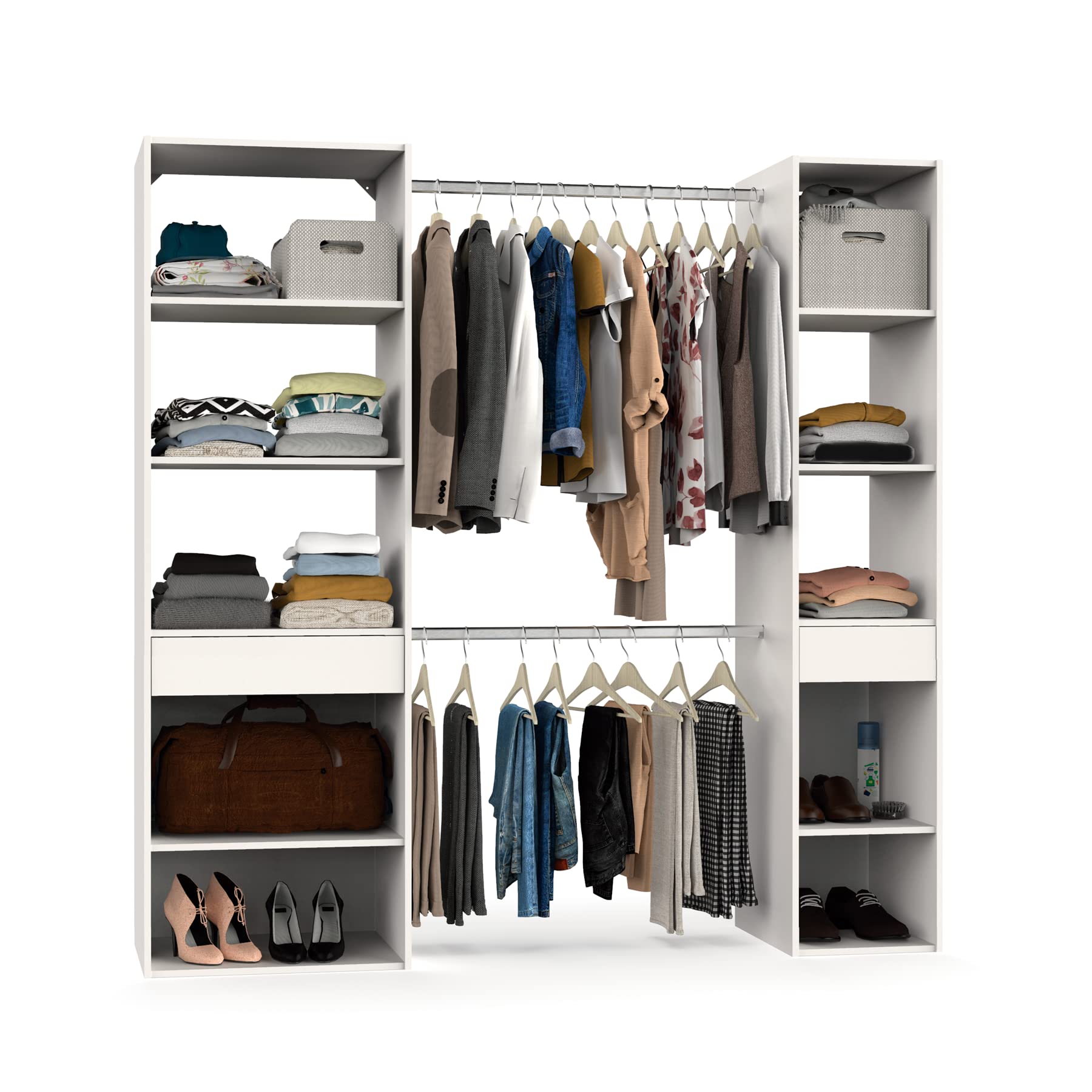 MUEBLES PITARCH | Armario Vestidor Ropero Abierto, 2 Barras, 2 Cajones, 8 Estantes, Blanco, 200x200x50cm (Alto x Ancho x Fondo), Moderno, Gran Capacidad, Modelo Cloe