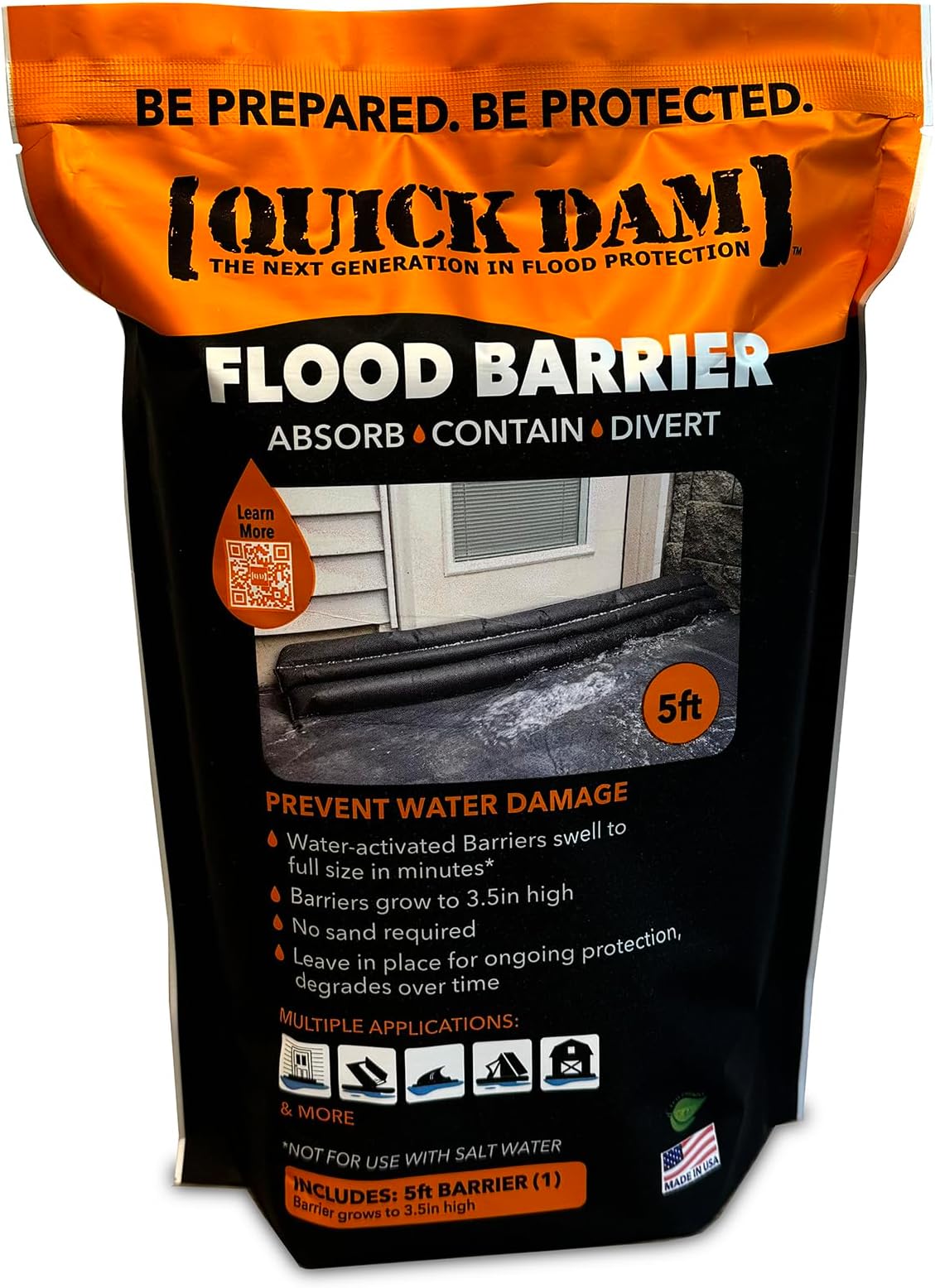 Quick Dam QD65-1 Water-Activated Flood Barrier-5 Feet-1/Pack, 5-ft, Black