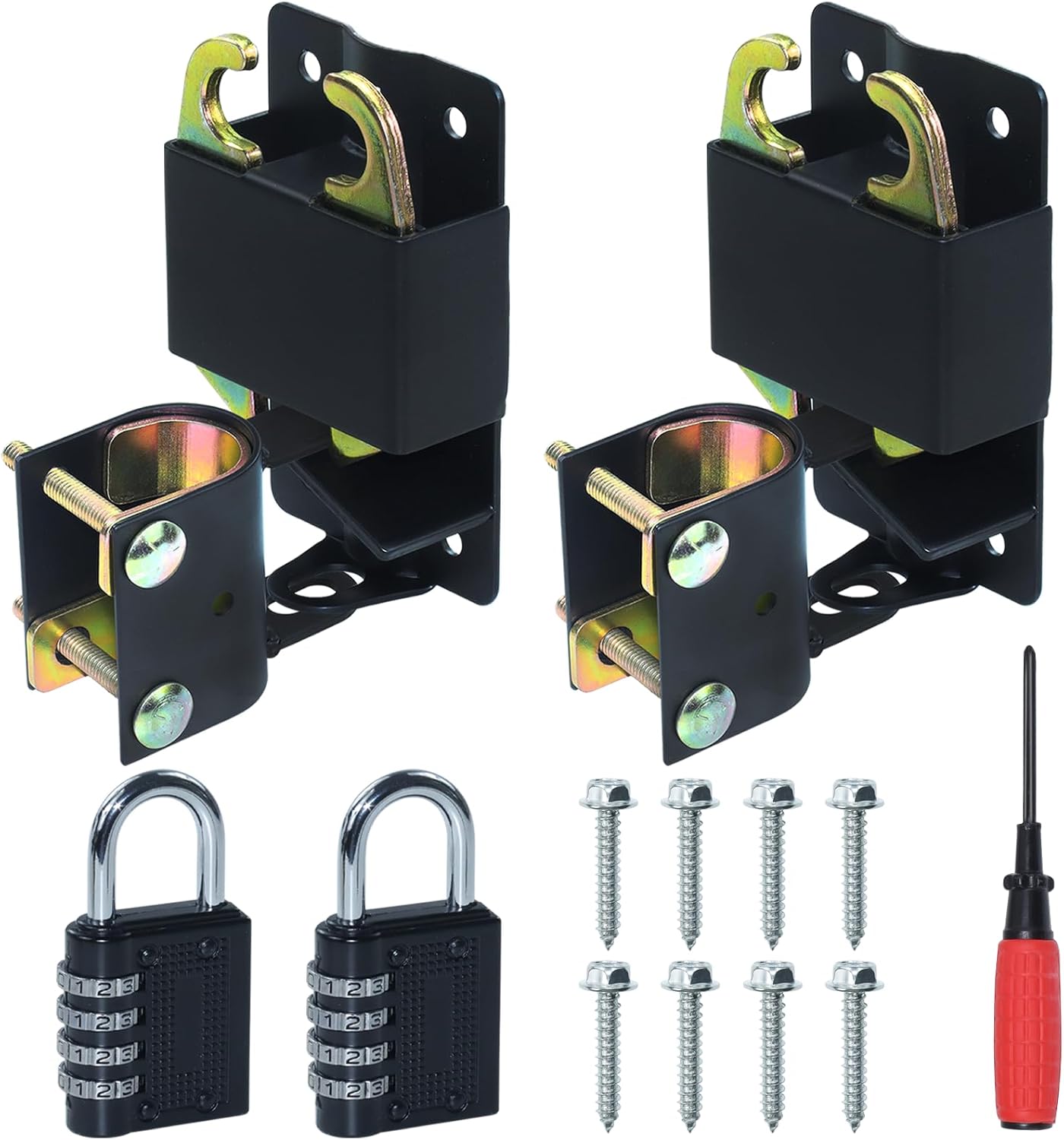 GELASKA 2 Pack S16100700 Two Way Lockable Gate Latch for Metal Gates, Farms, Pastures, Ranches, with 1-1/4" to 1-1/2" Diameter, Black, Part Number S16100700, with 4-Digit Combination Lock (Small)