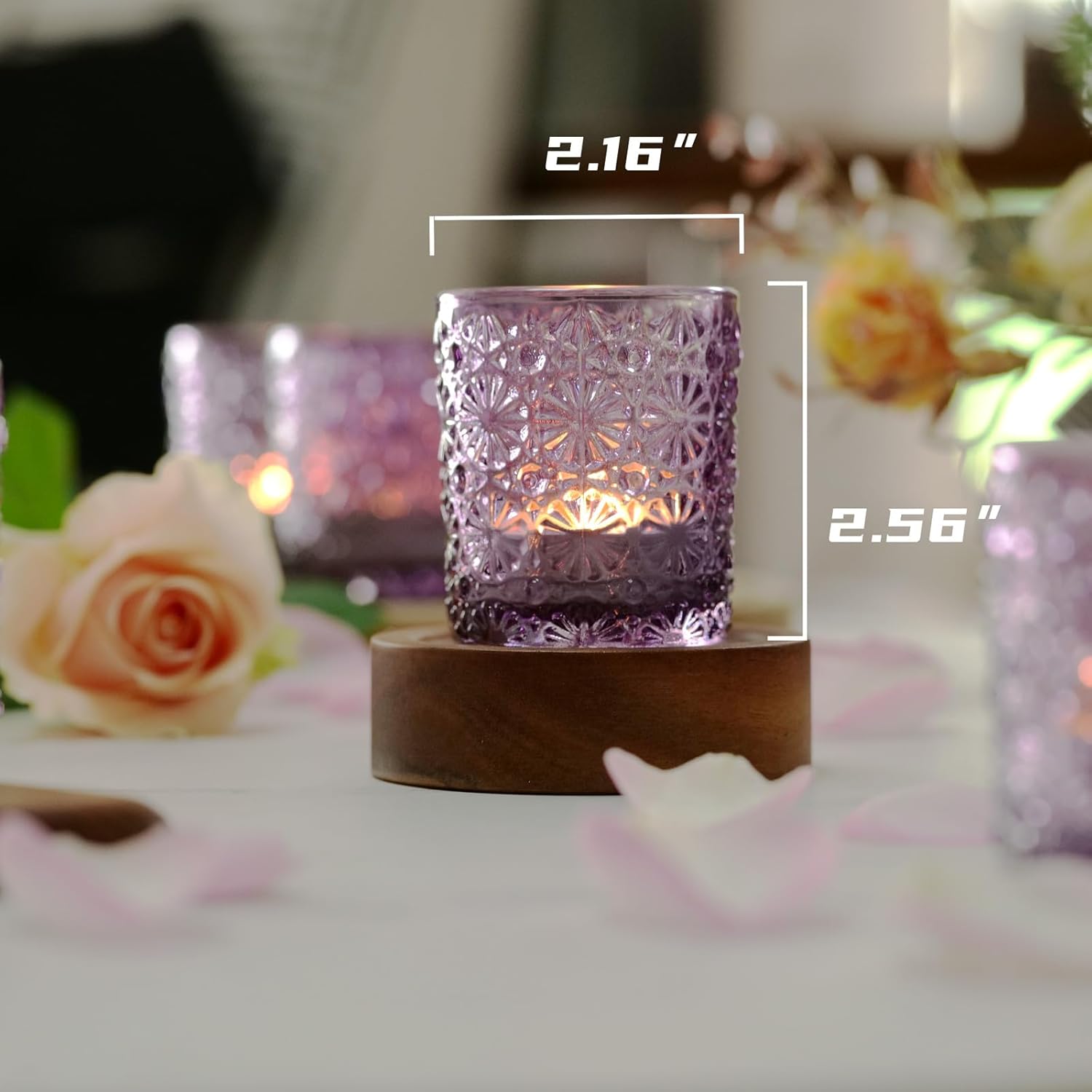 Kinoue 12 Pcs Purple Votive Candle Holders,Vintage Flower Glass Candle Holder Bulk, Tealight Candle Holders for Wedding Table Decor, Christmas, Party, Holiday