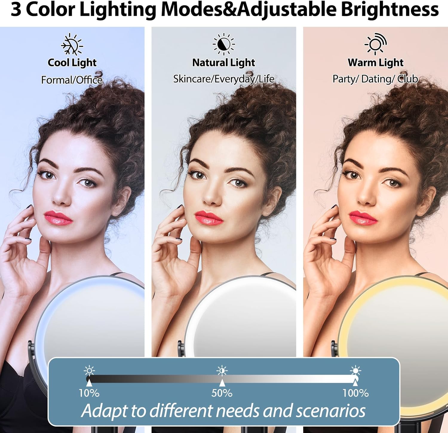 8" Lighted Makeup Mirror with Magnification, 1X/10X Magnifying Double Sided Mirror, 360° Swivel Standing Vanity Mirror with 3 Color Lights, Black (1 pcs)