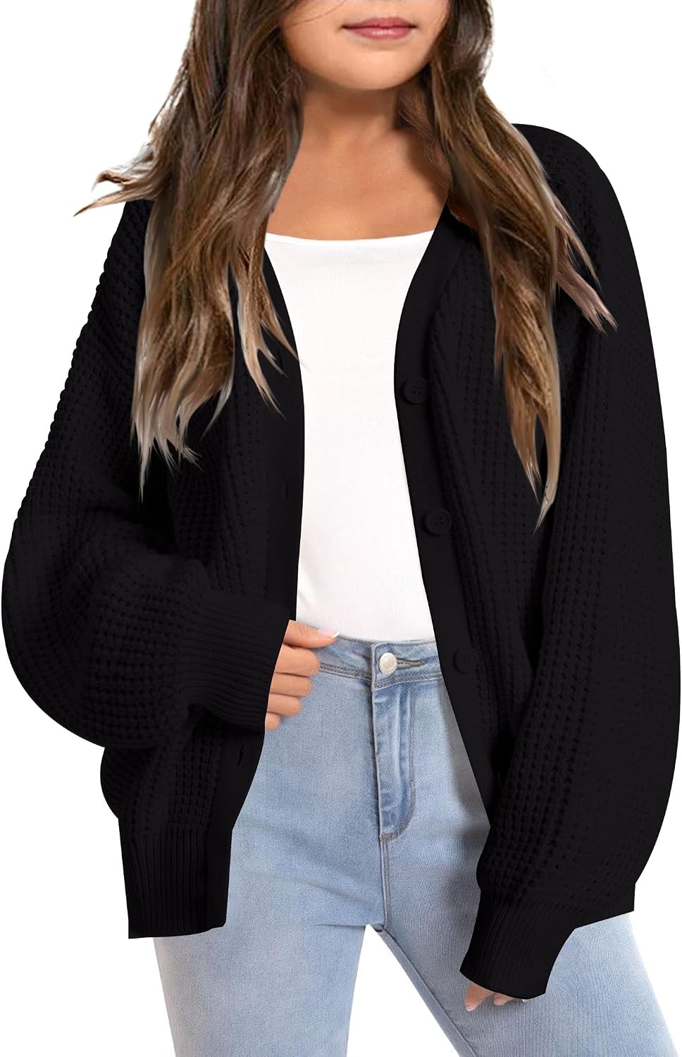 Girls Open Front Cardigan Sweater Kids Causal Long Sleeve Crewneck Knit Outerwear Coat 6-14 Years