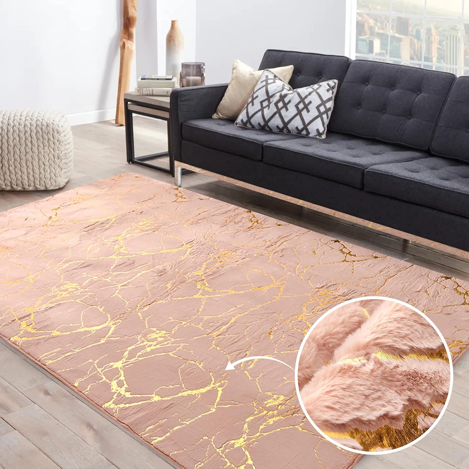 Btargot 5×8ft Pink Gold Marble Area Rug for Living Room, Princess Prince Castle Modern Colorful Abstract Throw Rugs Anti-Skid Fluffy Plush Carpet for Kids Boys Girls Home Nursery Decorative