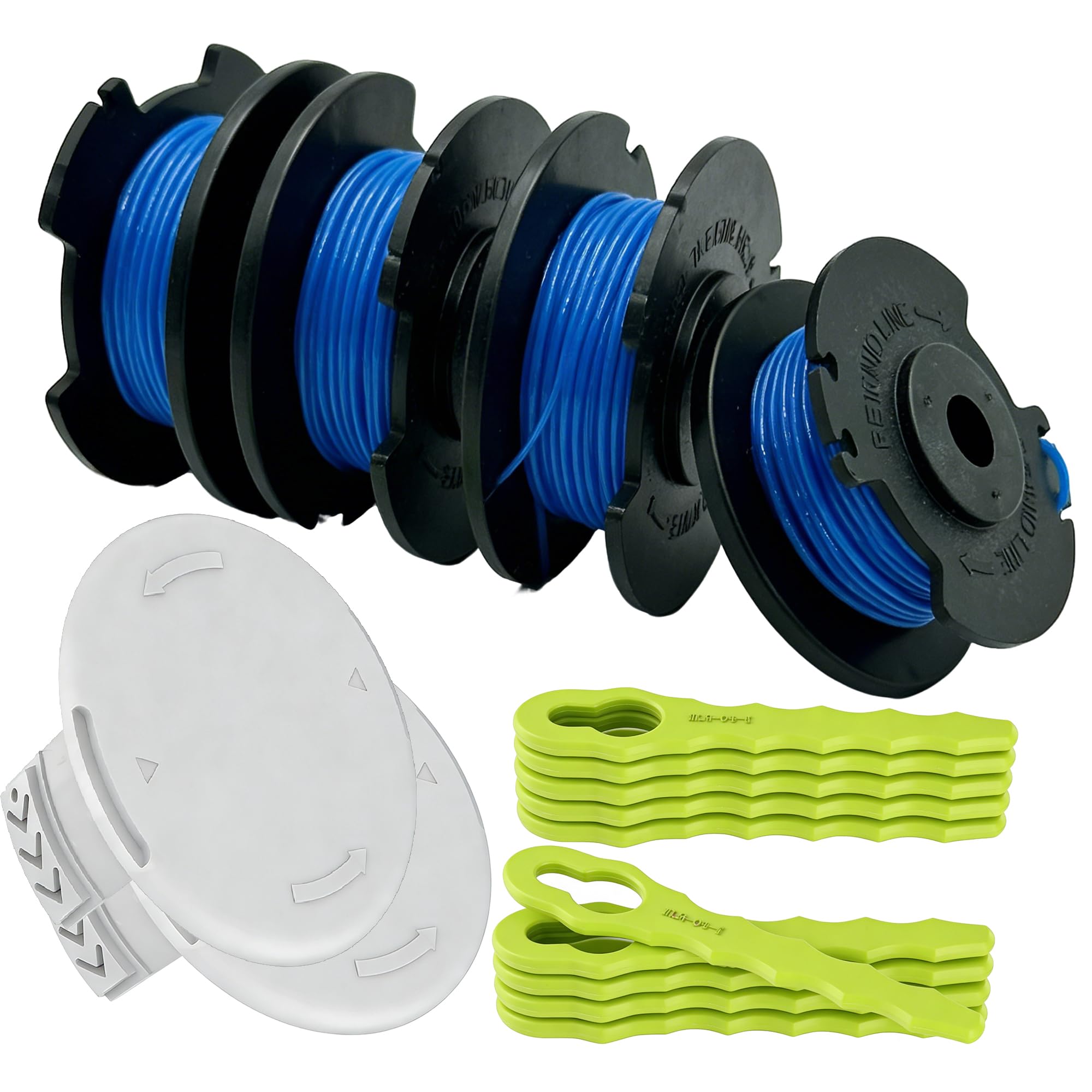 RAC124 Strimmer Line 1.6mm Replacement Spool & RAC155 Blade Head and Caps Kits Compatible with Ryobi ONE+ OLT1832 RLT2925 RLT1832 18V/24V/40V Cordless Grass Trimmer (4spools+20blade+2caps)