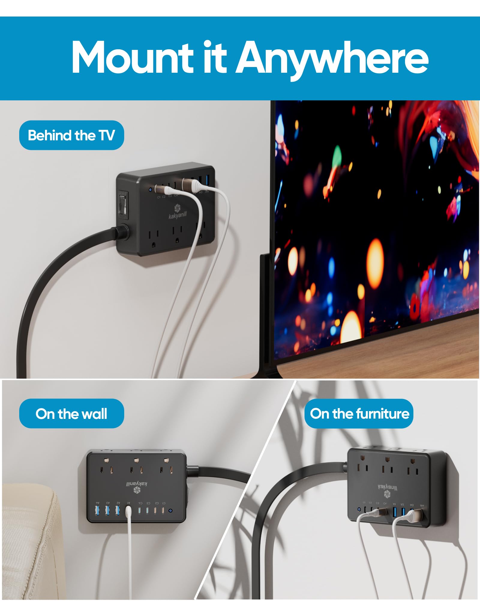 Kakyanill - 100W Steckdosenleiste, 6 AC-Ausgänge, 8 USB-Ports (4 USB C) mit Überspannungsschutz 2000J, 5 Fuß Flachstecker Verlängerungskabel, kompakt für Computer