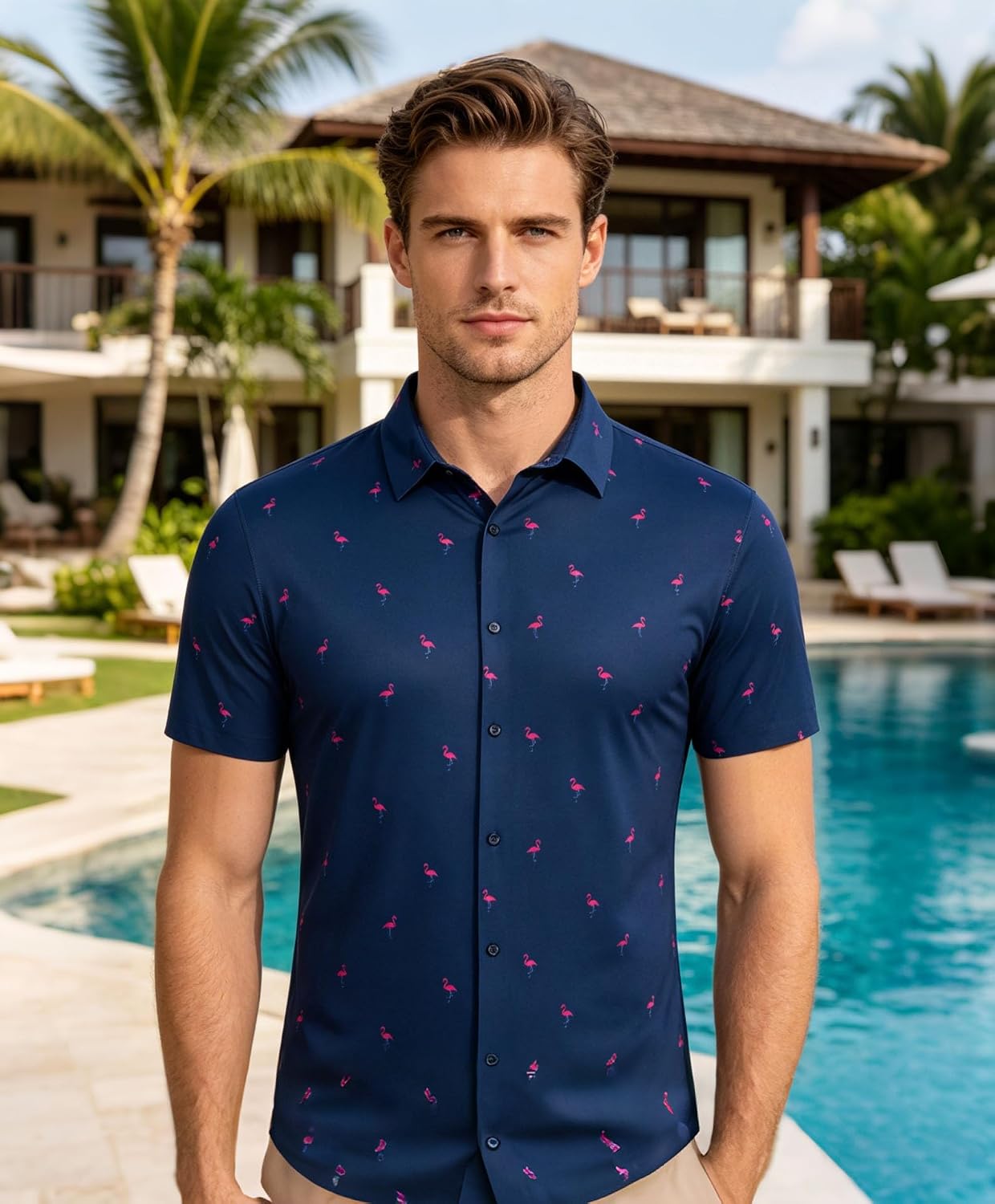 Men Short Sleeve Button Down Stretchy Muscle Shirts Skinny Performance Wrinkle Free Dress Shirts