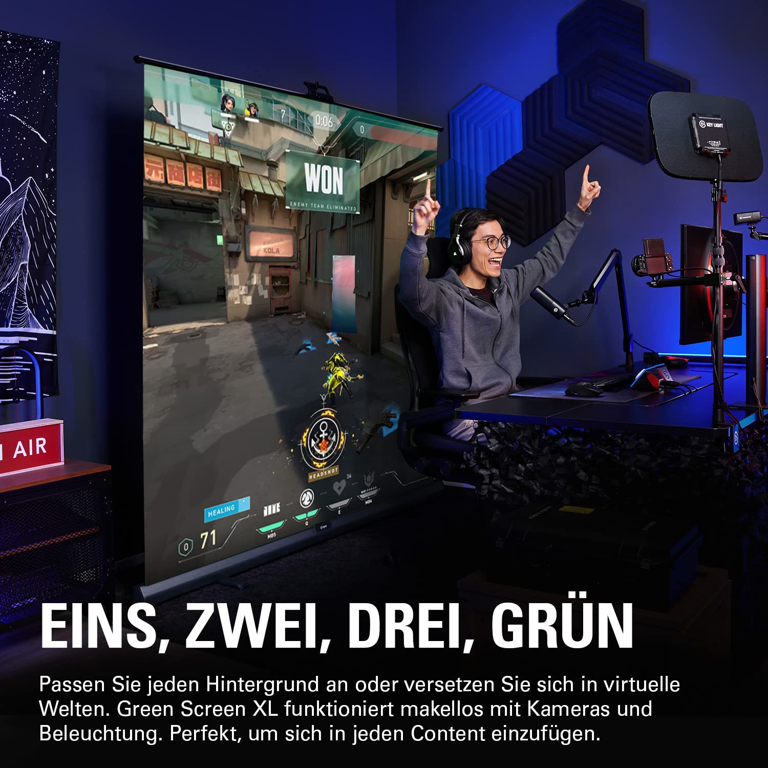 Elgato Green Screen XL - 2x1.82m Ausfahrbares Chroma-Key-Panel für Streaming, Videokonferenzen auf Instagram, TikTok, Zoom, Teams, OBS | 2x1,82 m, faltenfreies Material, schnelle Stangenmontage, faltbar, für Streaming und Videocalls
