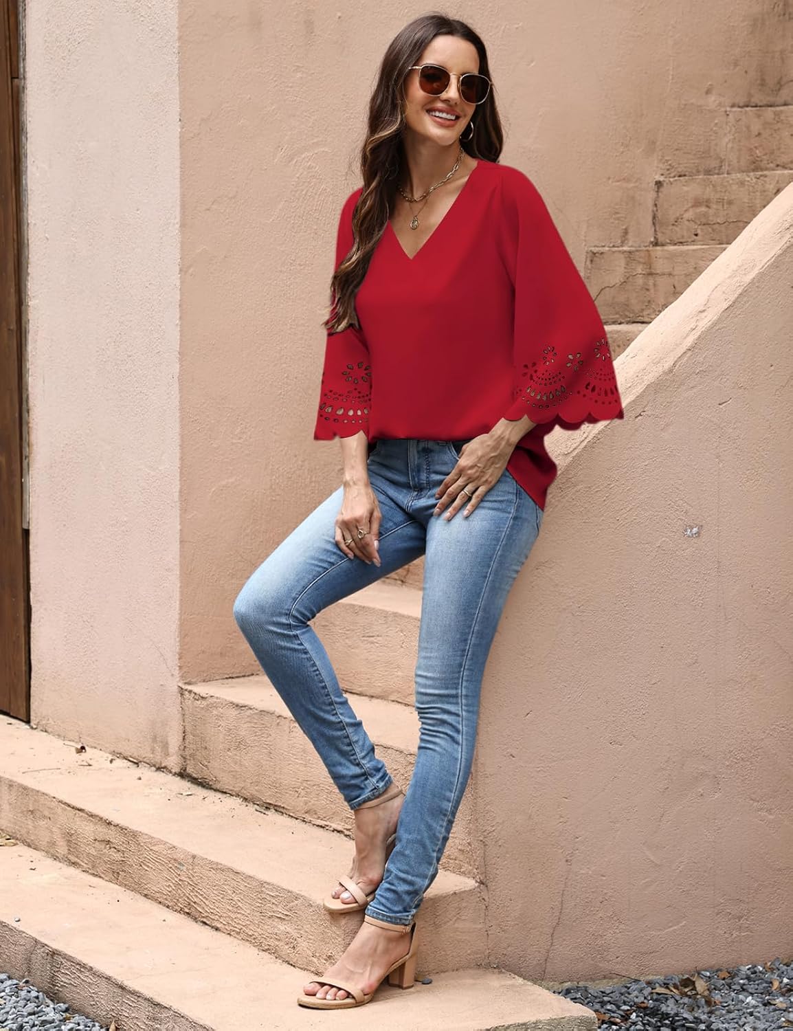 CiCiBird Women's V Neck Blouse 3/4 Bell Sleeve Loose Tops Casual Dressy Eyelet Shirts - Image 3