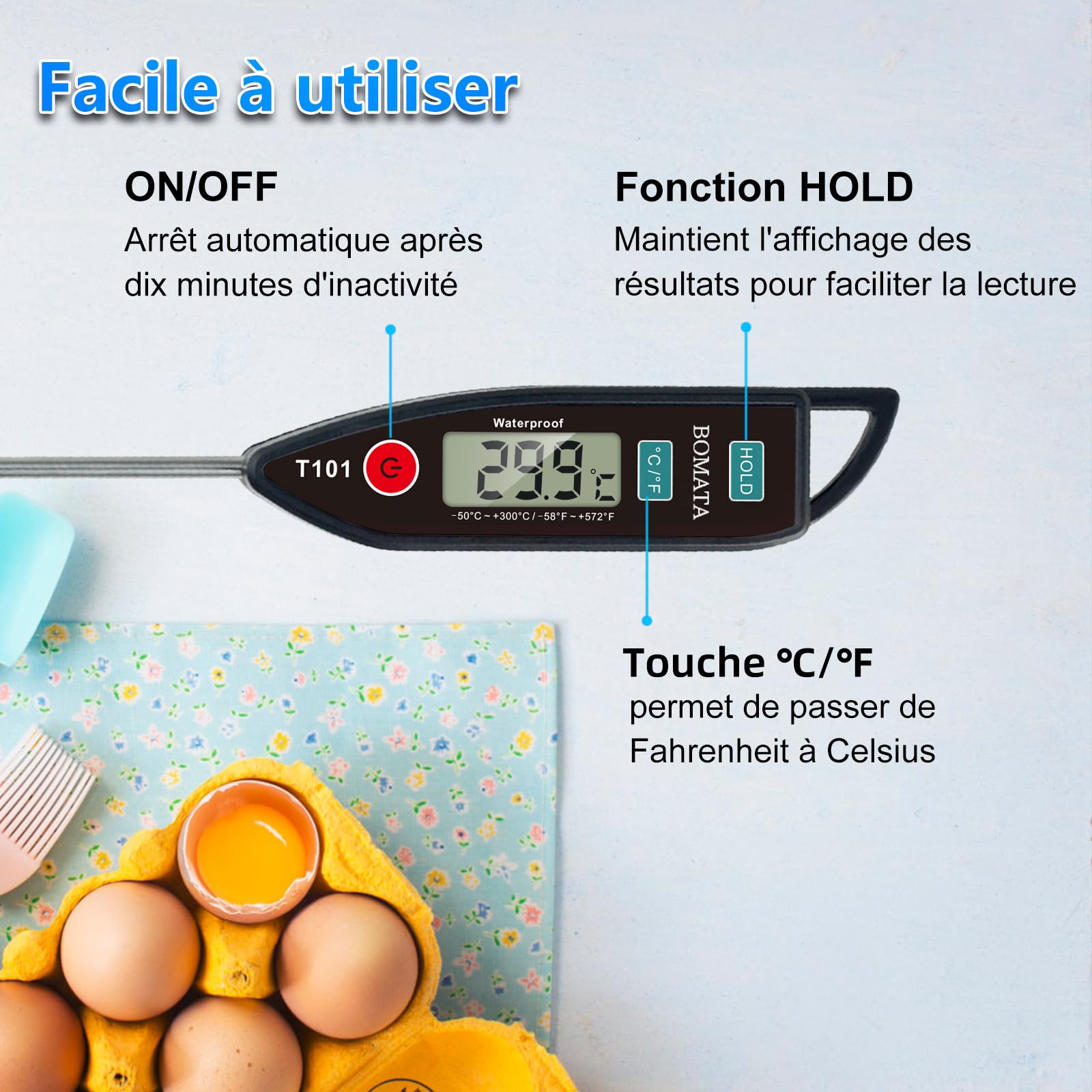 BOMATA Thermomètre étanche IPX7 T101 Noir, sonde longue lecture instantanée