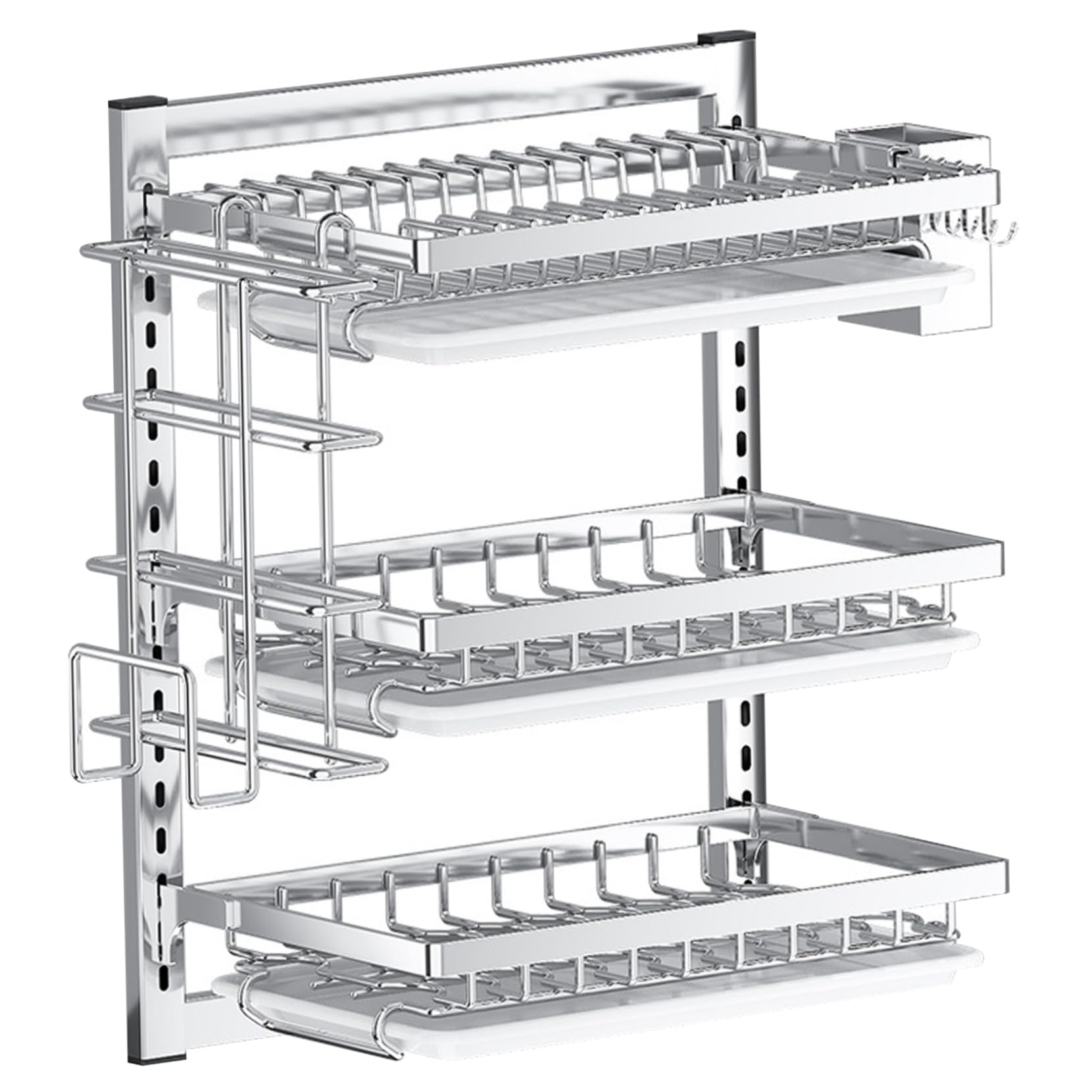 Escurridor de platos colgante de pared de 3 niveles con ganchos para escurridor y soporte para cubiertos, espacio ajustable y no necesita taladrar