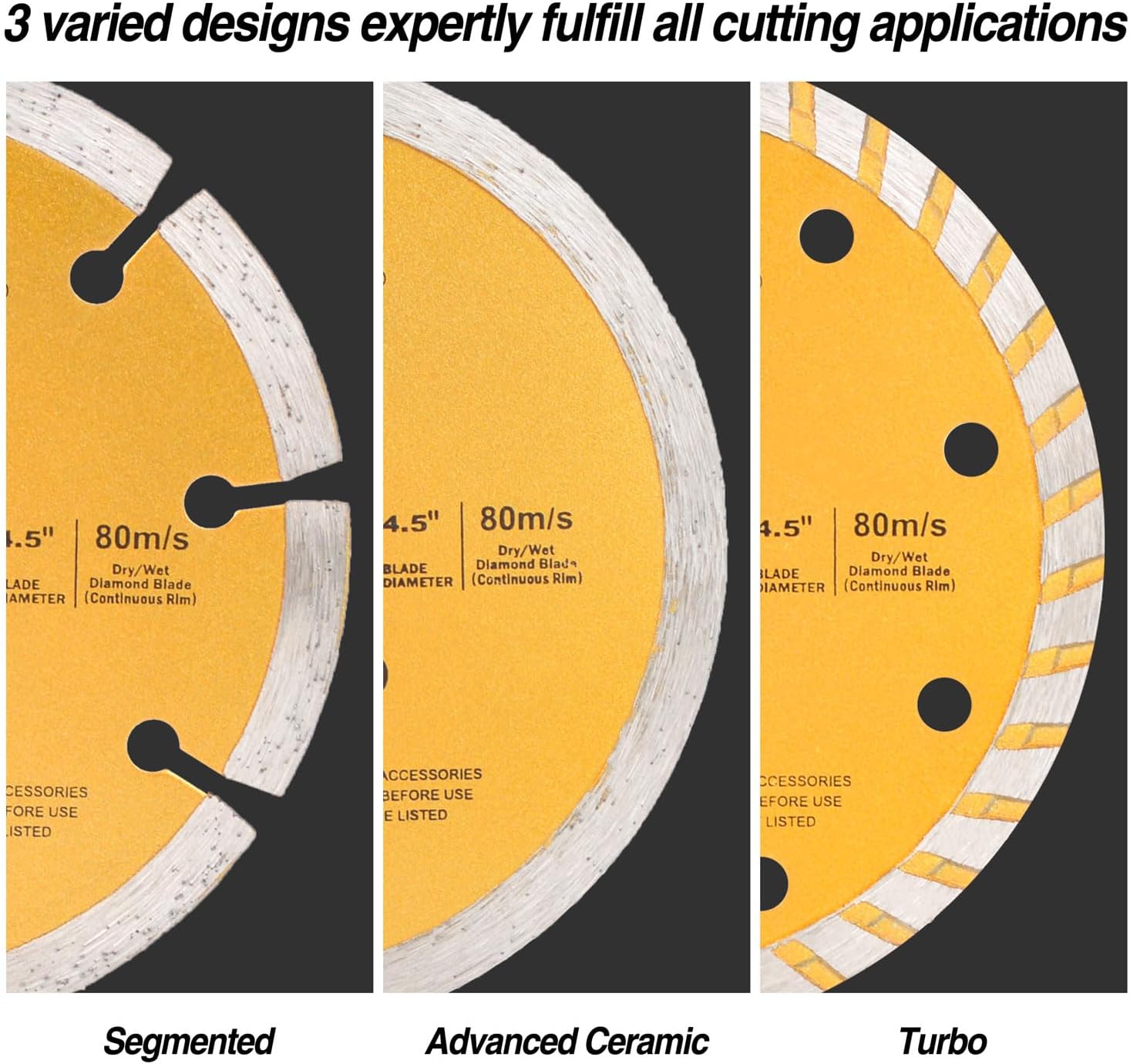 Gunpla 3 Pieces 4-1/2 inch Diamond Cutting Blade Continuous Segmented Turbo Rim Dry Wet Circular Saw Cutter Angle Grinder Disc 7/8 inch Arbor with Reducing Ring 5/8 inch for Tile Masonry