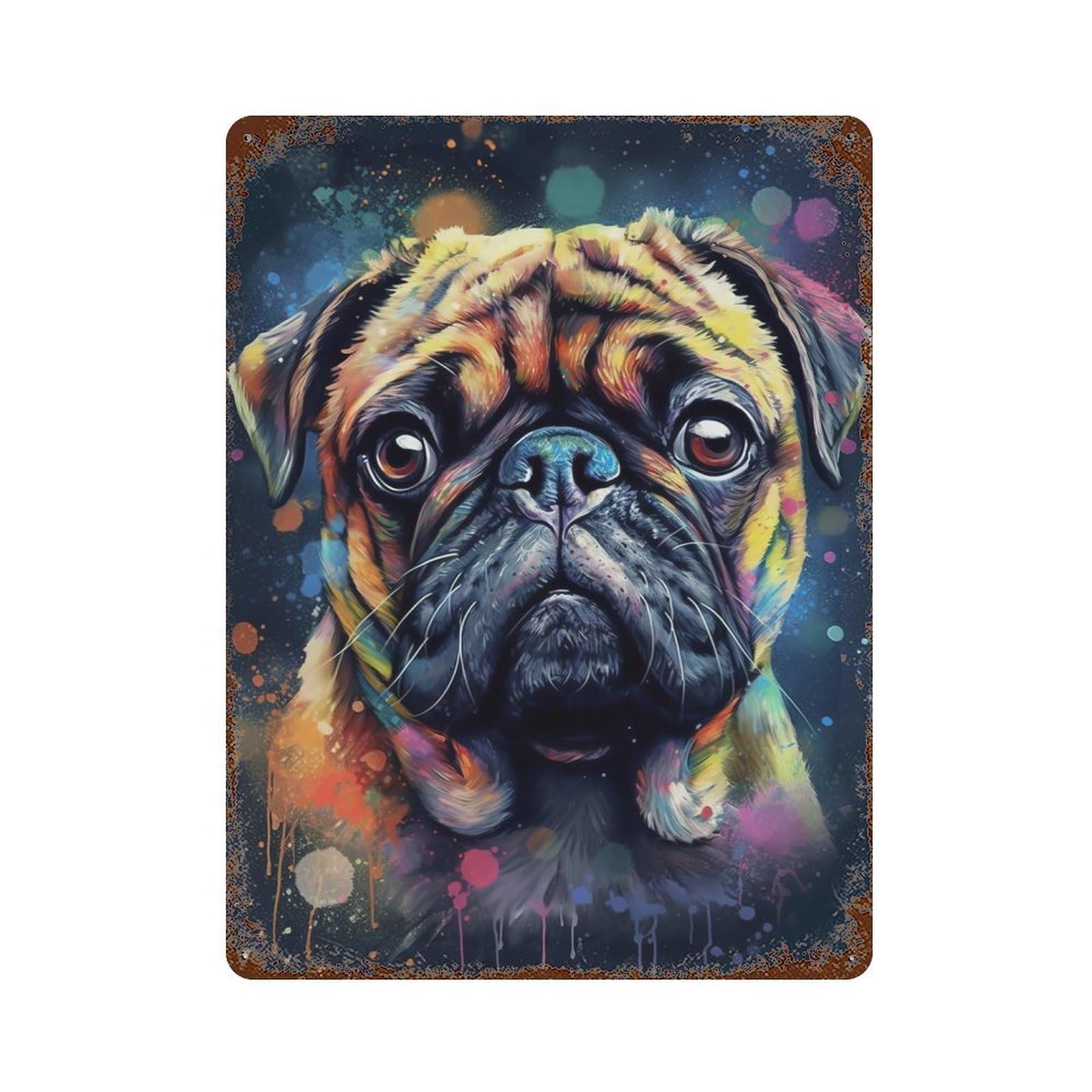 Rust Effect Pug Dog Painting Vintage Rust Metal Sign 15.7"x11.8", Classic Wall Plaque for Shed, Workshop And Garage Wall Decor