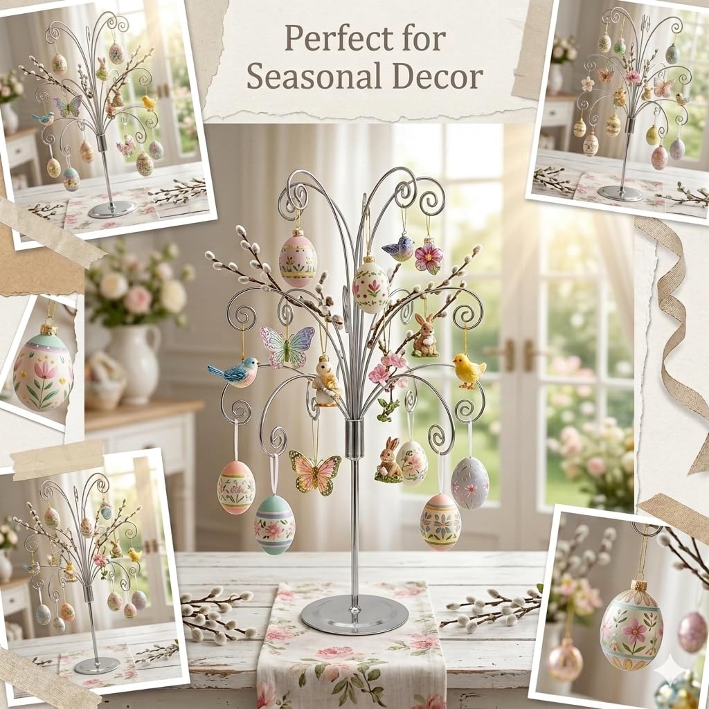 HOHIYA 50 cm Ornament Präsentationsständer Metall mit 15 Haken Silber | Eleganter Metallständer für Kristall-, Glas- und Weihnachtsornamente mit stabiler Basis für stilvolle Dekoration.