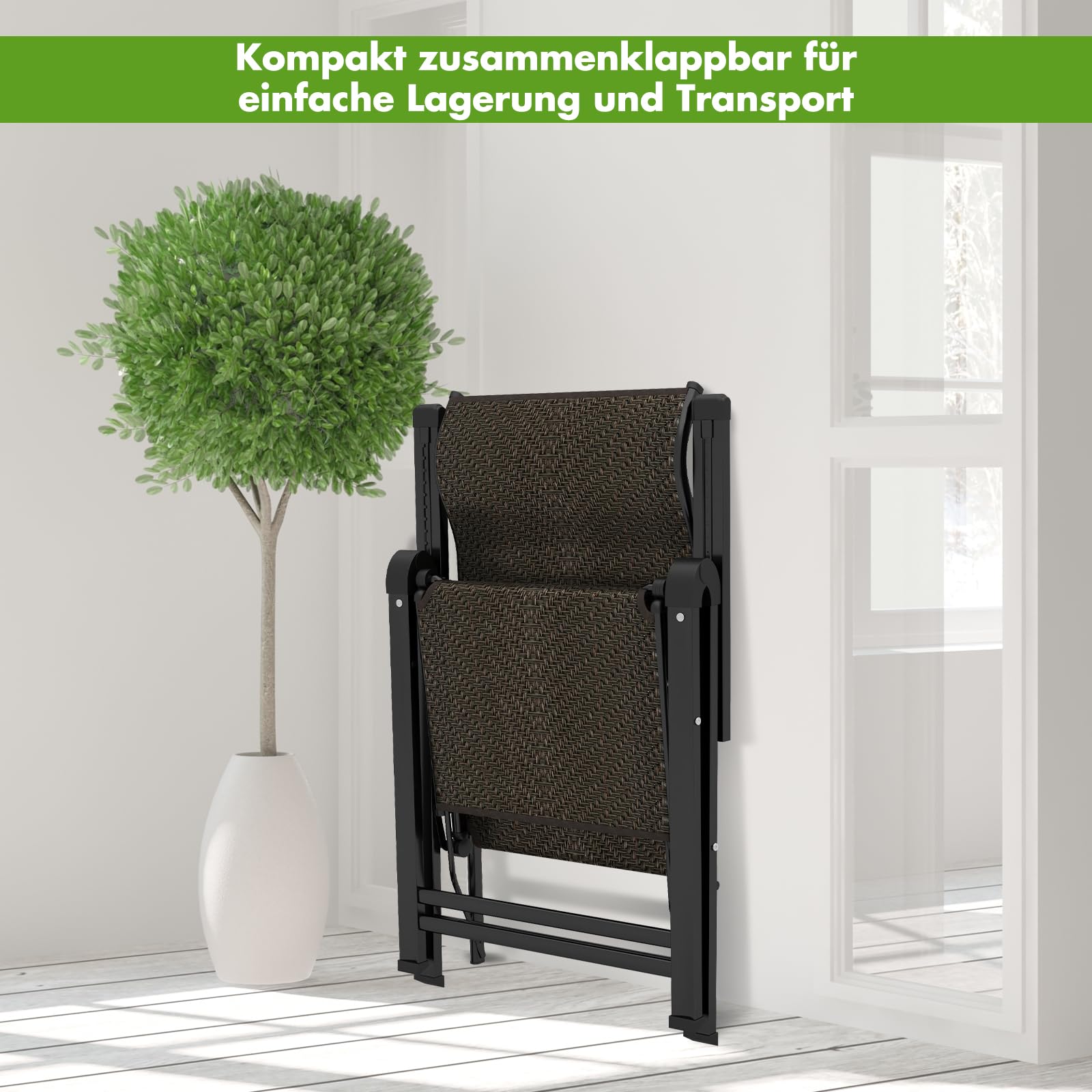 COSTWAY Zestaw 2 skladany leżak z regulowanymi oparciami, ergonomiczny relaksacyjny z podłokietnikami, oddychajacy z rattanu, do ogrodu, tarasu, plaży, balkonu, brązowy
